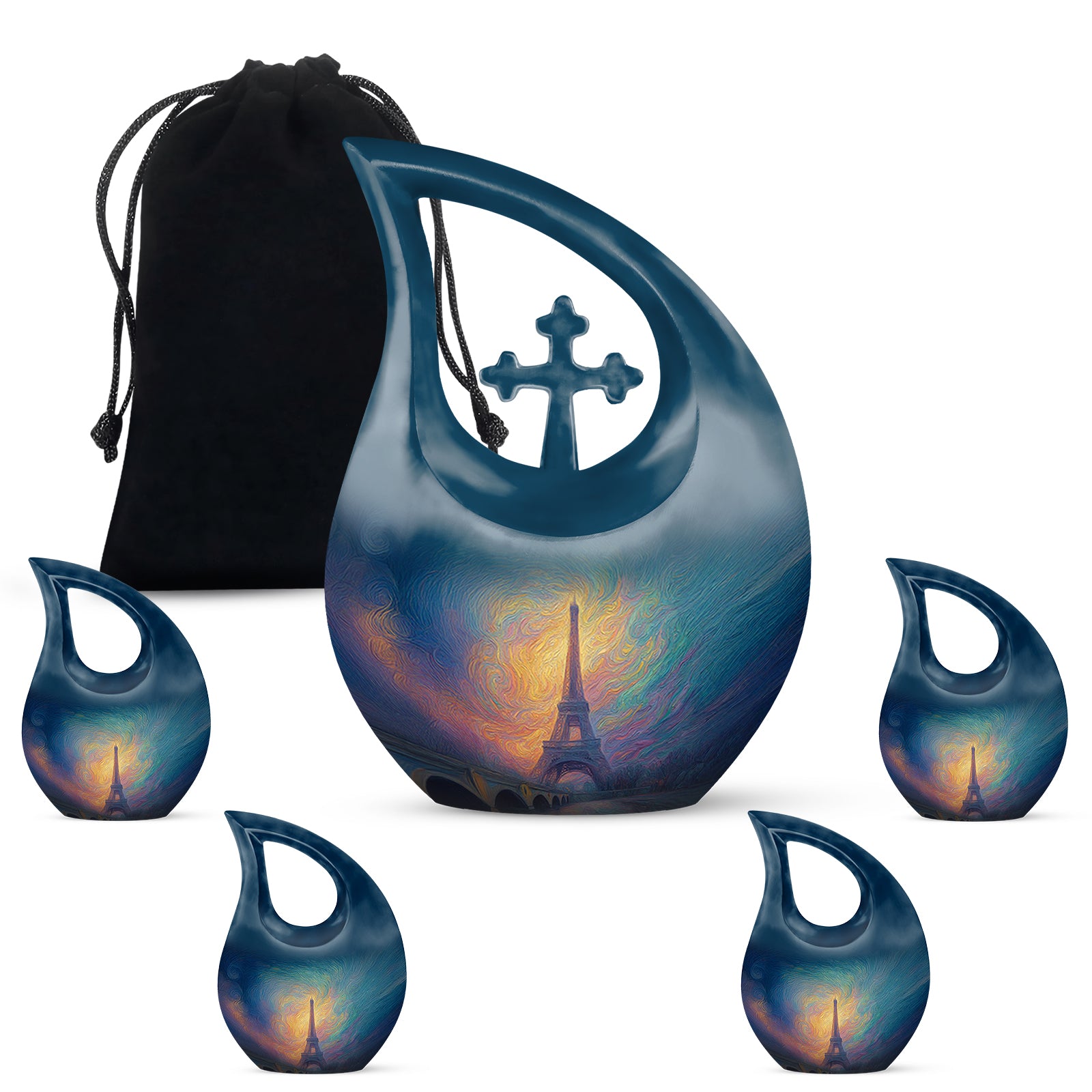 Celestial Blue Eiffel Tower Cremation Urn urn with complimentary velvet bag - cross and eiffel tower combined in spiritual memorial design - memorial set with one large and four small urns