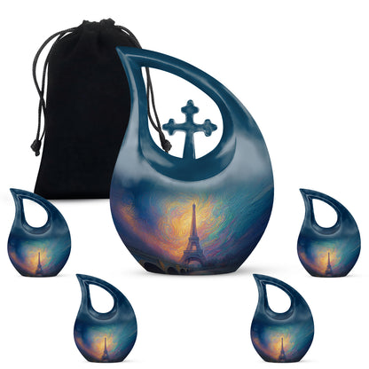 Celestial Blue Eiffel Tower Cremation Urn urn with complimentary velvet bag - cross and eiffel tower combined in spiritual memorial design - memorial set with one large and four small urns