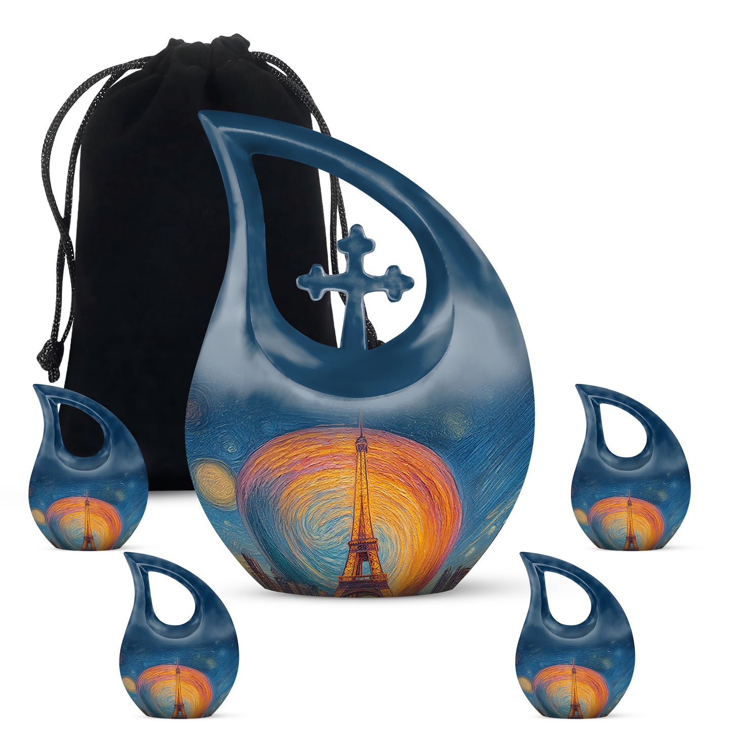 Celestial Blue Eiffel Tower Cremation Urn urn with complimentary velvet bag - cross and eiffel tower combined in spiritual memorial design - memorial set with one large and four small urns
