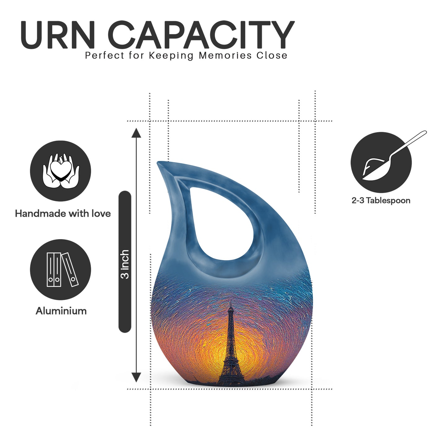 Misty Blue Eiffel Tower Cremation Urn back view with polished surface - cross and eiffel tower combined in spiritual memorial design - mini keepsake memorial for portion of cremation ashes