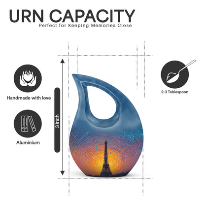 Misty Blue Eiffel Tower Cremation Urn back view with polished surface - cross and eiffel tower combined in spiritual memorial design - mini keepsake memorial for portion of cremation ashes