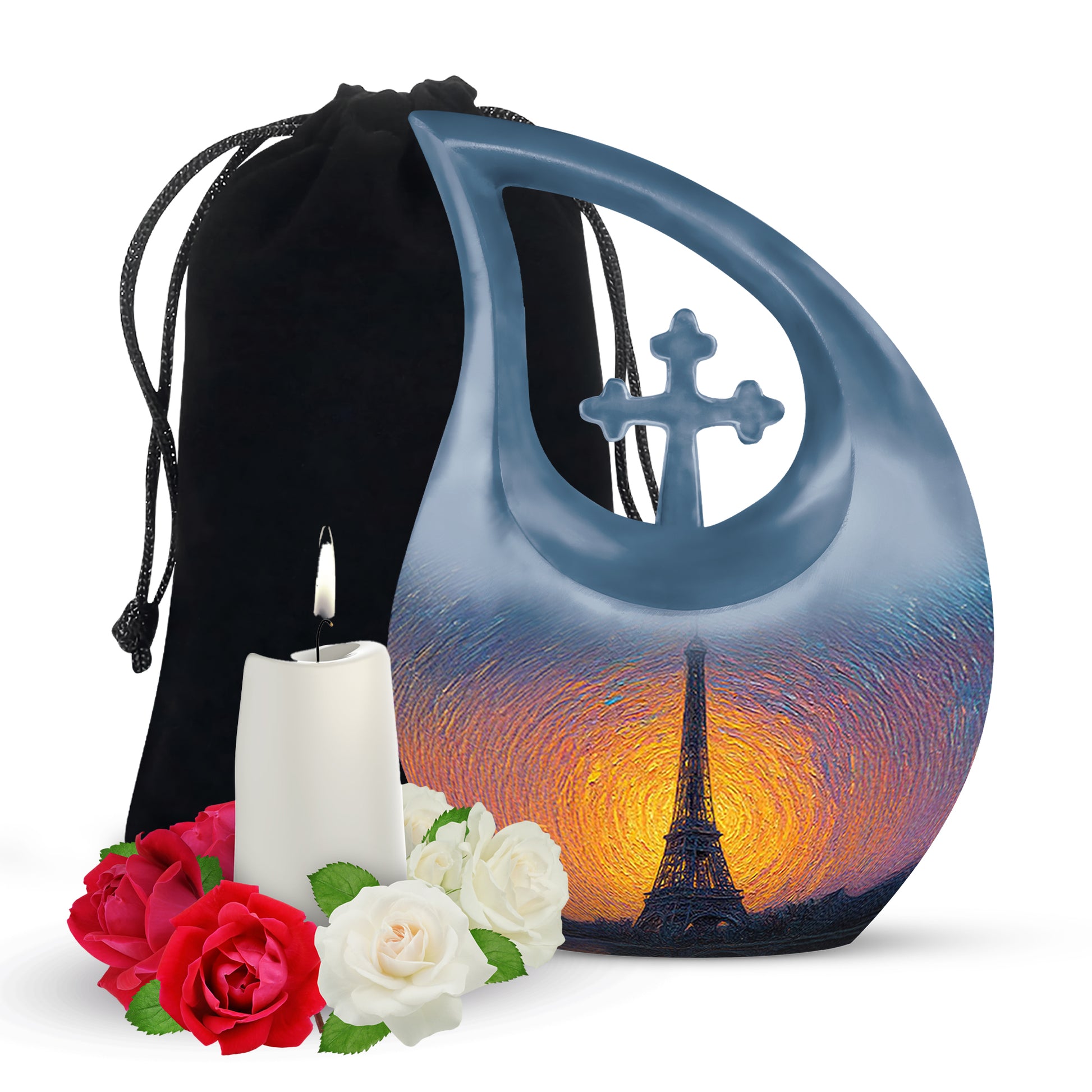 Cornflower Blue Eiffel Tower Cremation Urn top-down view of secure threaded lid - faith-inspired cross-drop urn with eiffel tower pattern - full-size 10 inch 200 cubic inch adult cremation urn