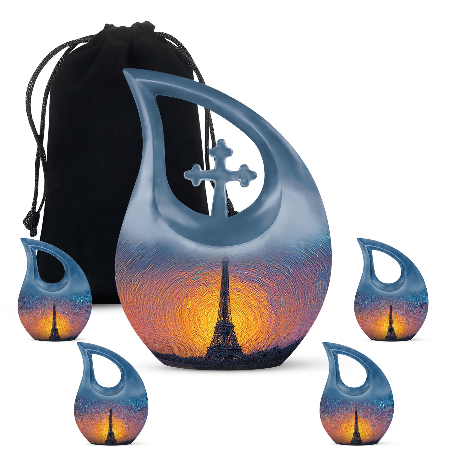 Navy Blue Eiffel Tower Cremation Urn urn with complimentary velvet bag - cross and eiffel tower combined in spiritual memorial design - memorial set with one large and four small urns