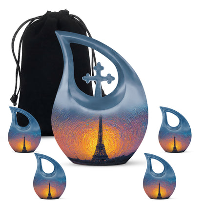 Navy Blue Eiffel Tower Cremation Urn urn with complimentary velvet bag - cross and eiffel tower combined in spiritual memorial design - memorial set with one large and four small urns