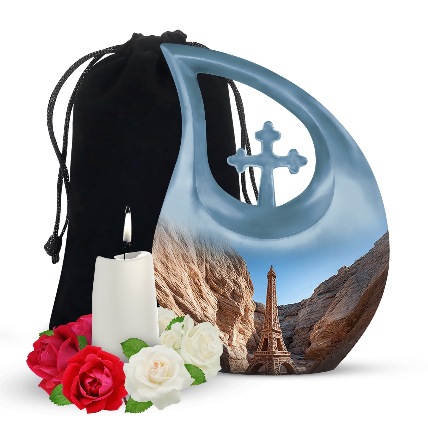 Celestial Blue Eiffel Tower Cremation Urn top-down view of secure threaded lid - sacred cross merged with eiffel tower motif on metal - full-size 10 inch 200 cubic inch adult cremation urn