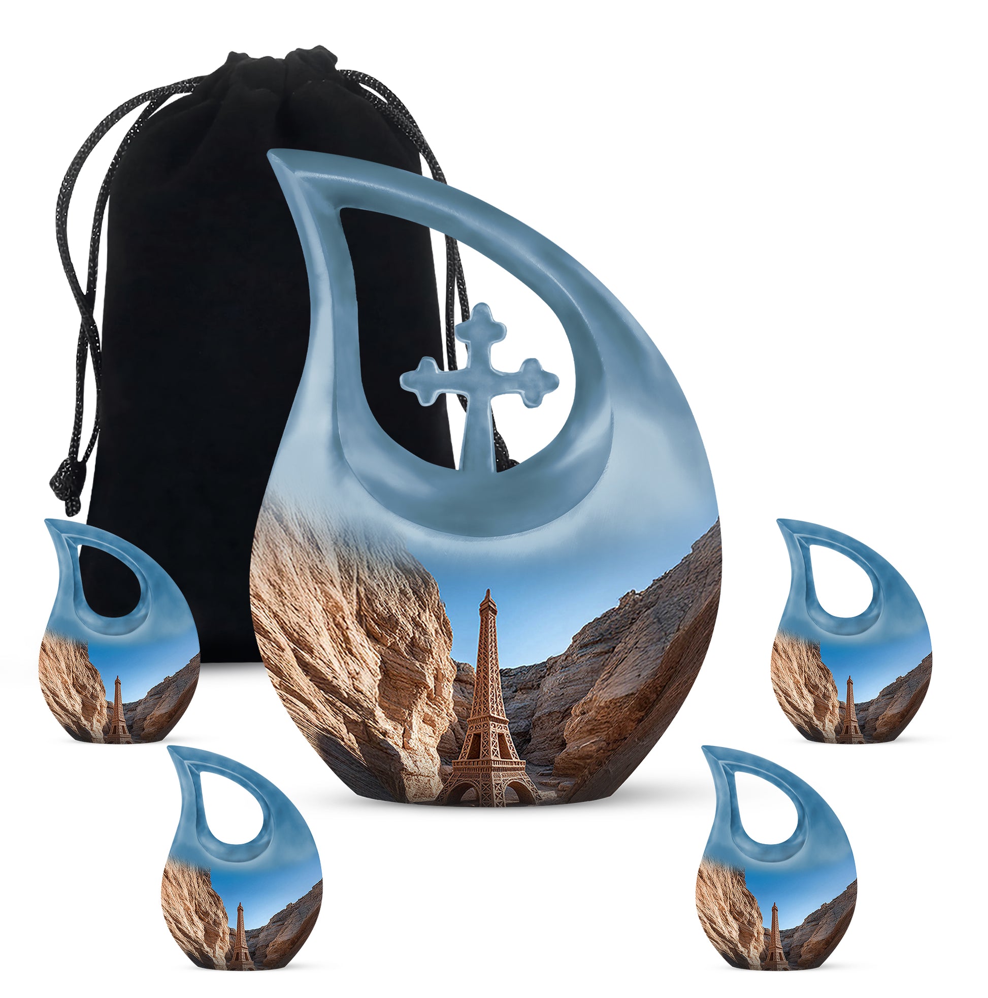 Azure Eiffel Tower Cremation Urn urn with complimentary velvet bag - sacred cross merged with eiffel tower motif on metal - memorial set with one large and four small urns