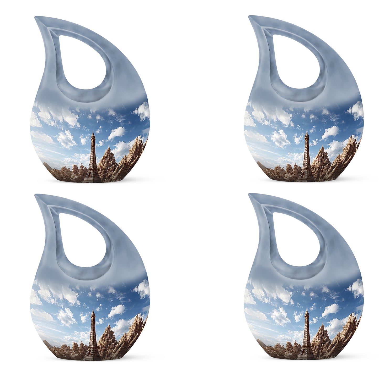 Serene Blue Eiffel Tower Cremation Urn lifestyle display on memorial shelf - devotional cross-drop eiffel tower engraving - 10 inch aluminum urn for cremated remains