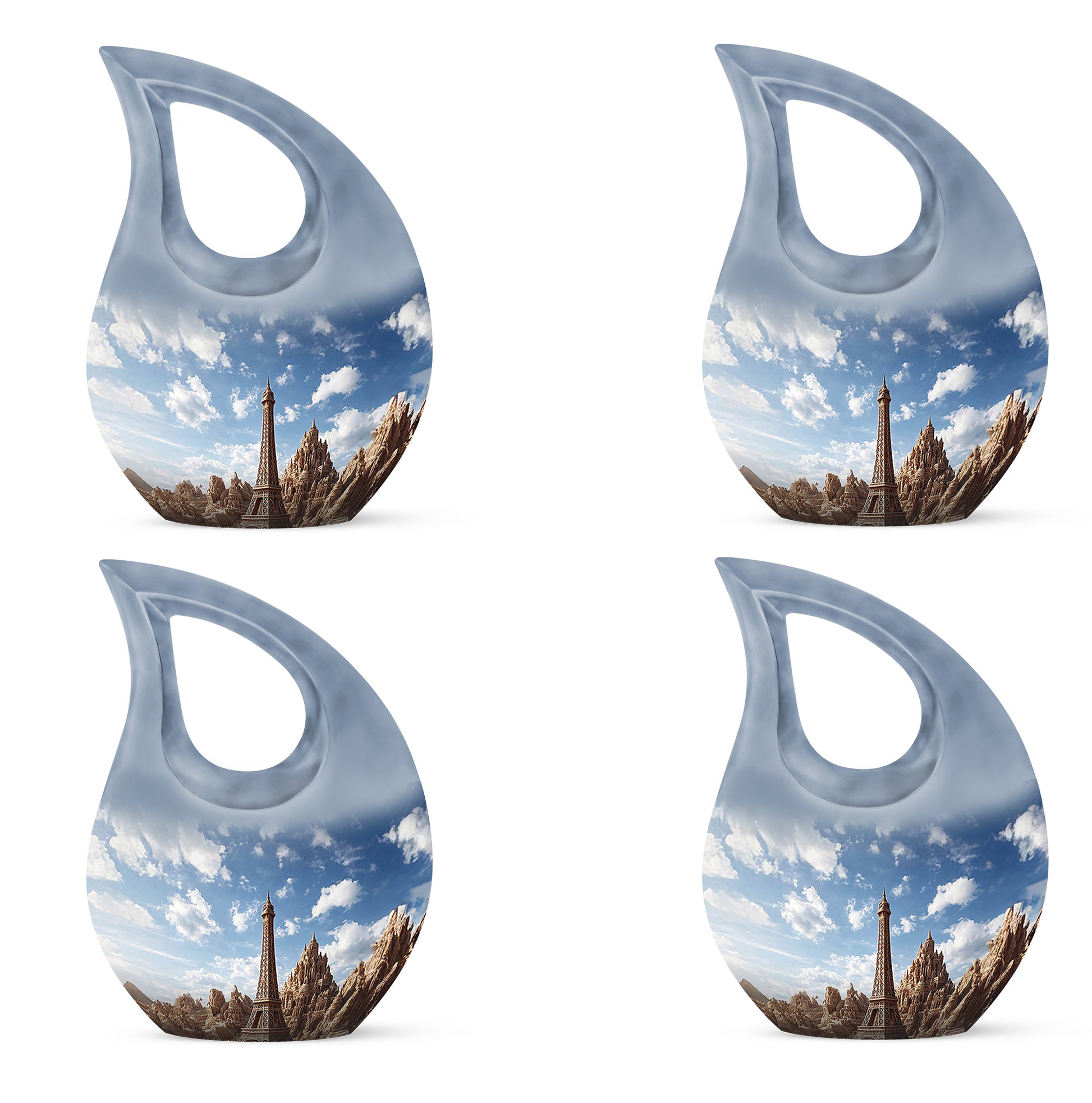 Serene Blue Eiffel Tower Cremation Urn lifestyle display on memorial shelf - devotional cross-drop eiffel tower engraving - 10 inch aluminum urn for cremated remains
