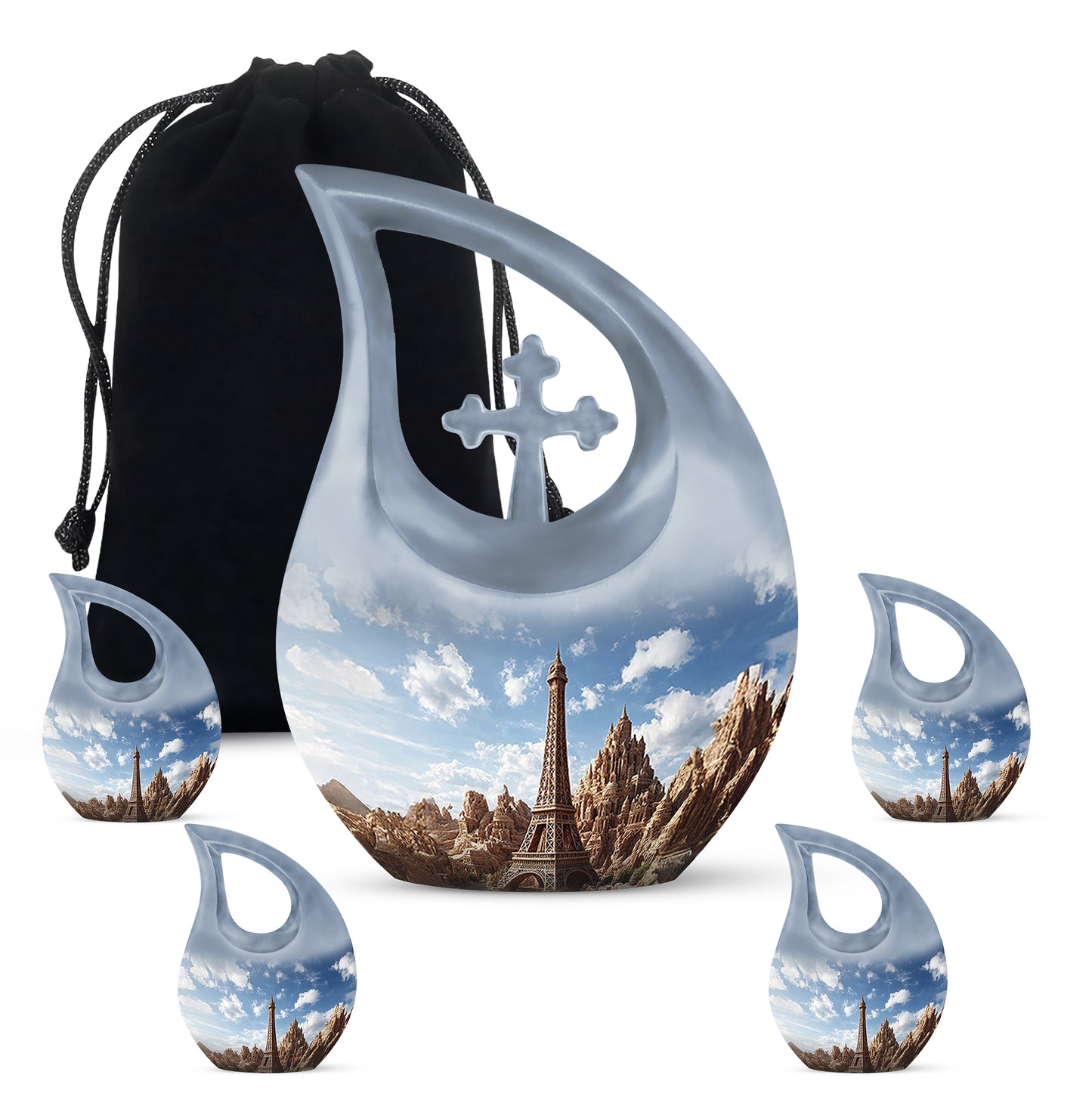 Misty Blue Eiffel Tower Cremation Urn urn with complimentary velvet bag - cross and eiffel tower combined in spiritual memorial design - memorial set with one large and four small urns