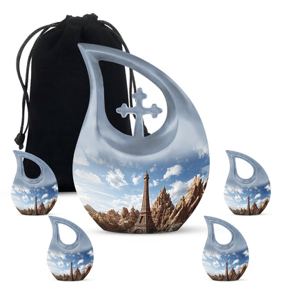 Misty Blue Eiffel Tower Cremation Urn urn with complimentary velvet bag - cross and eiffel tower combined in spiritual memorial design - memorial set with one large and four small urns