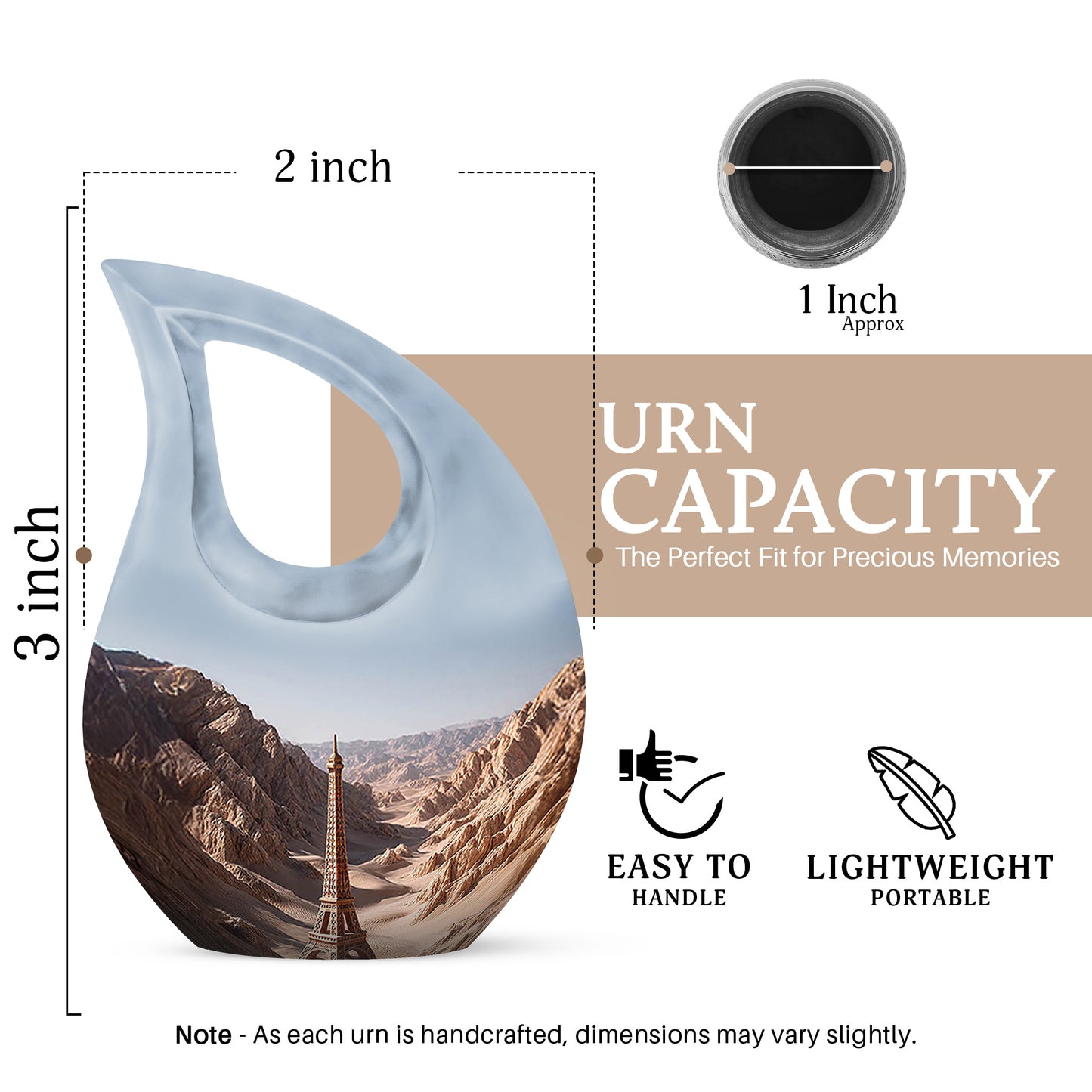 Gleaming Silver Eiffel Tower Cremation Urn back view with polished surface - cross and eiffel tower combined in spiritual memorial design - mini keepsake memorial for portion of cremation ashes