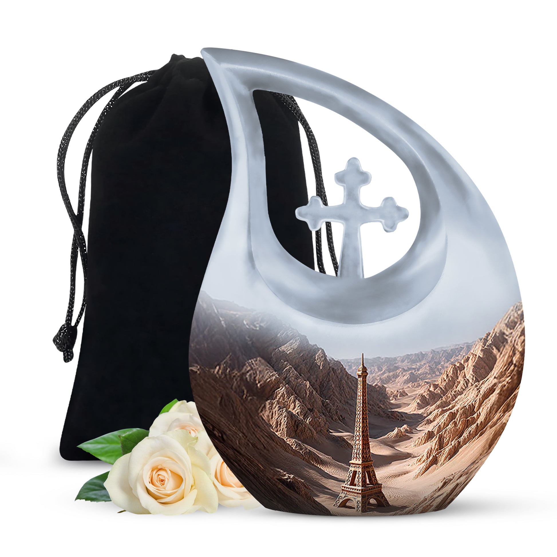 Gleaming Silver Eiffel Tower Cremation Urn top-down view of secure threaded lid - cross and eiffel tower combined in spiritual memorial design - full-size 10 inch 200 cubic inch adult cremation urn
