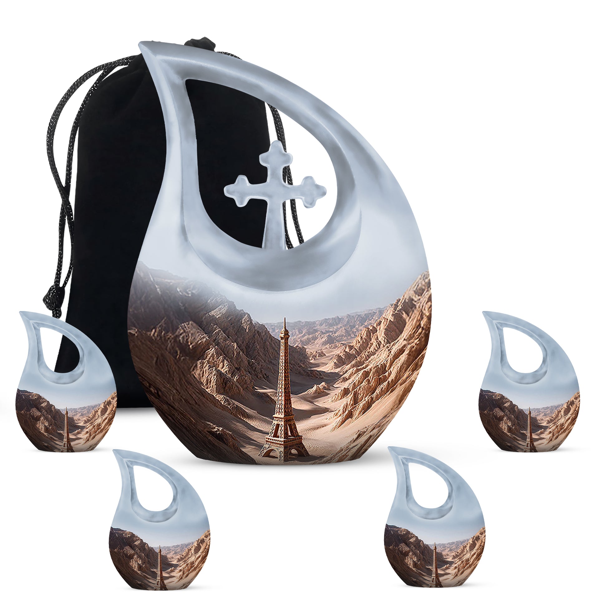 Satin Silver Eiffel Tower Cremation Urn urn with complimentary velvet bag - sacred cross merged with eiffel tower motif on metal - memorial set with one large and four small urns