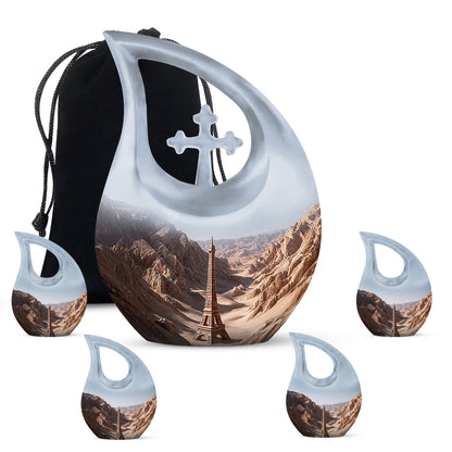 Satin Silver Eiffel Tower Cremation Urn urn with complimentary velvet bag - sacred cross merged with eiffel tower motif on metal - memorial set with one large and four small urns