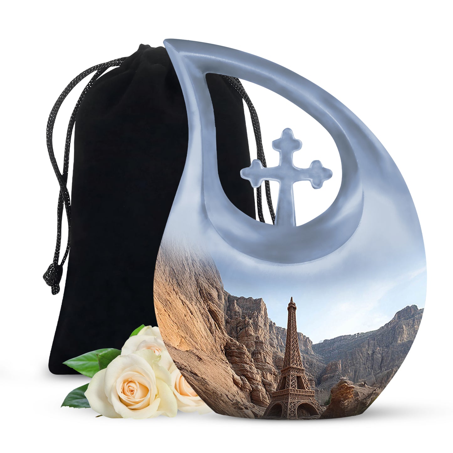 Royal Blue Eiffel Tower Cremation Urn top-down view of secure threaded lid - devotional cross-drop eiffel tower engraving - full-size 10 inch 200 cubic inch adult cremation urn