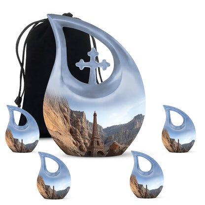 Celestial Blue Eiffel Tower Cremation Urn urn with complimentary velvet bag - cross and eiffel tower combined in spiritual memorial design - memorial set with one large and four small urns
