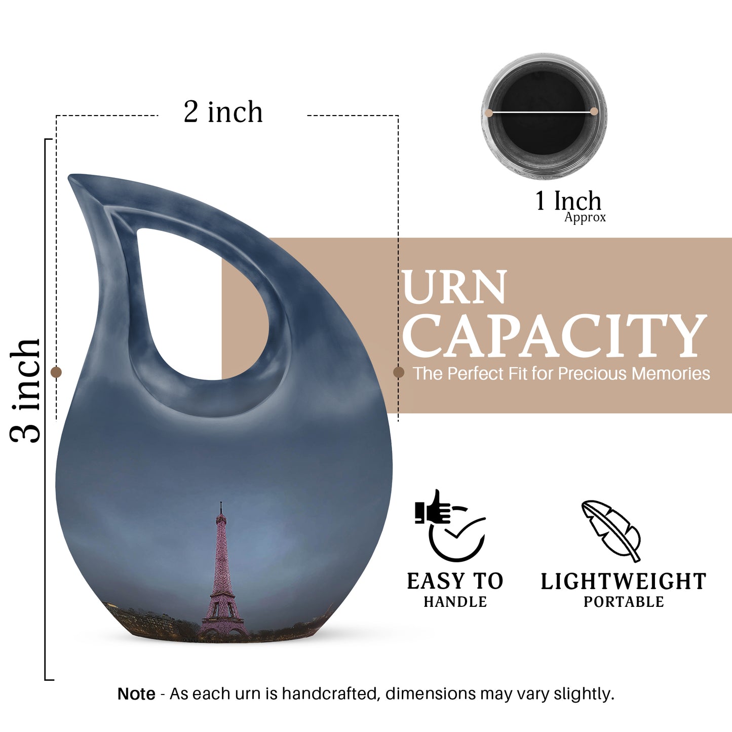 Powder Blue Eiffel Tower Cremation Urn back view with polished surface - cross and eiffel tower combined in spiritual memorial design - mini keepsake memorial for portion of cremation ashes