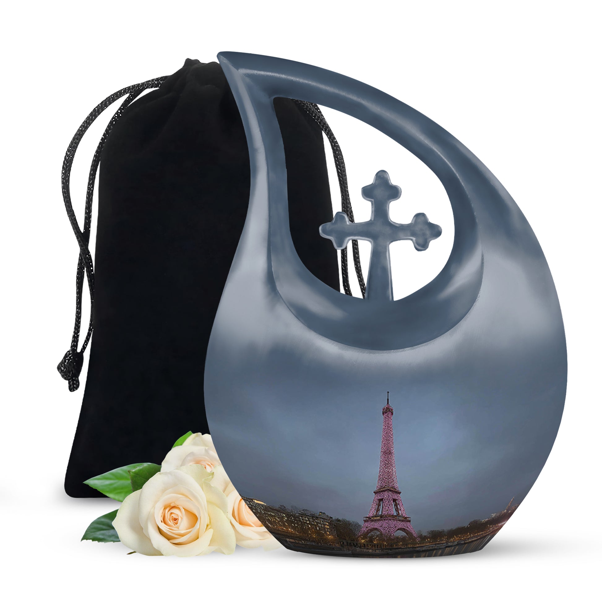 Sky Blue Eiffel Tower Cremation Urn top-down view of secure threaded lid - cross and eiffel tower combined in spiritual memorial design - full-size 10 inch 200 cubic inch adult cremation urn