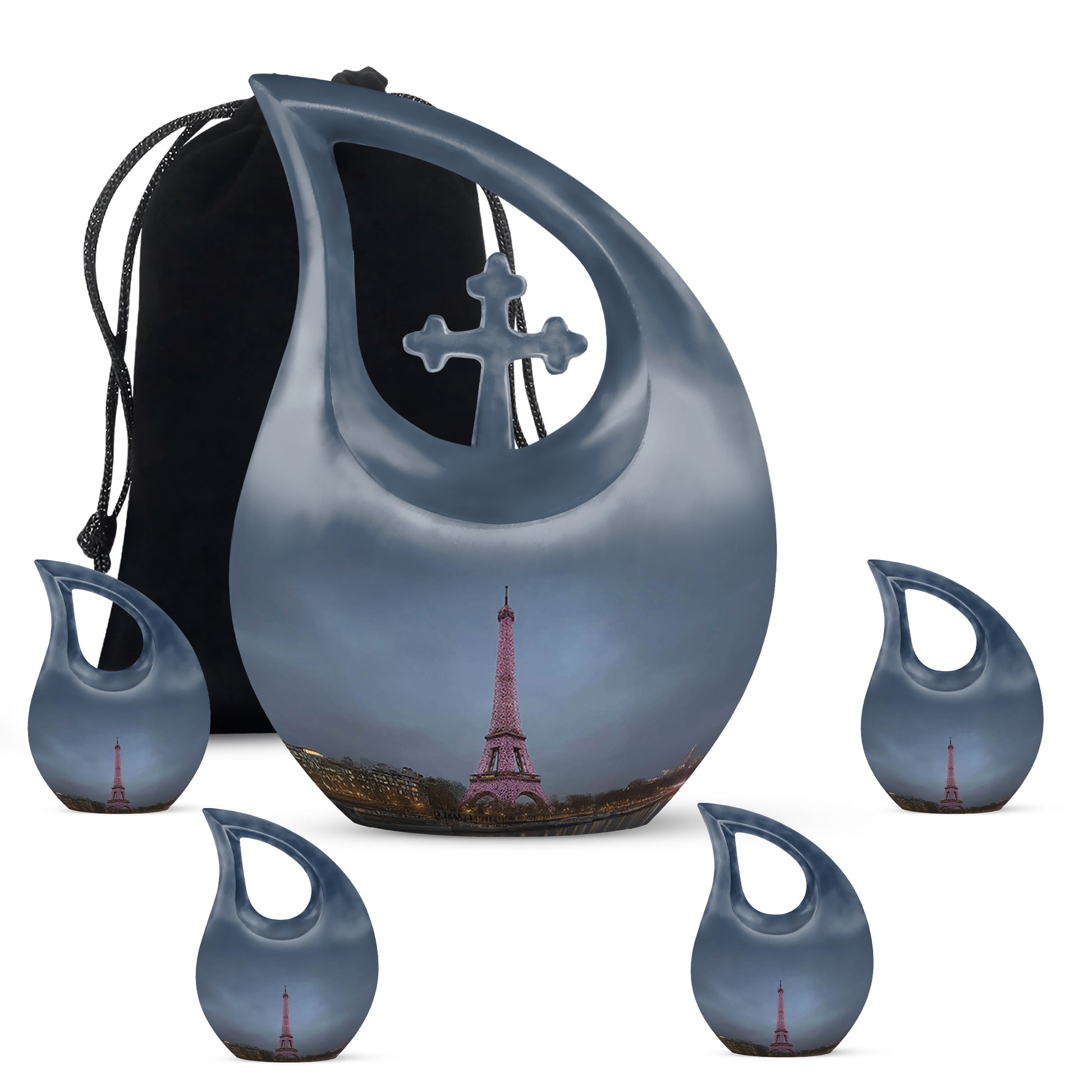 Twilight Blue Eiffel Tower Cremation Urn urn with complimentary velvet bag - devotional cross-drop eiffel tower engraving - memorial set with one large and four small urns