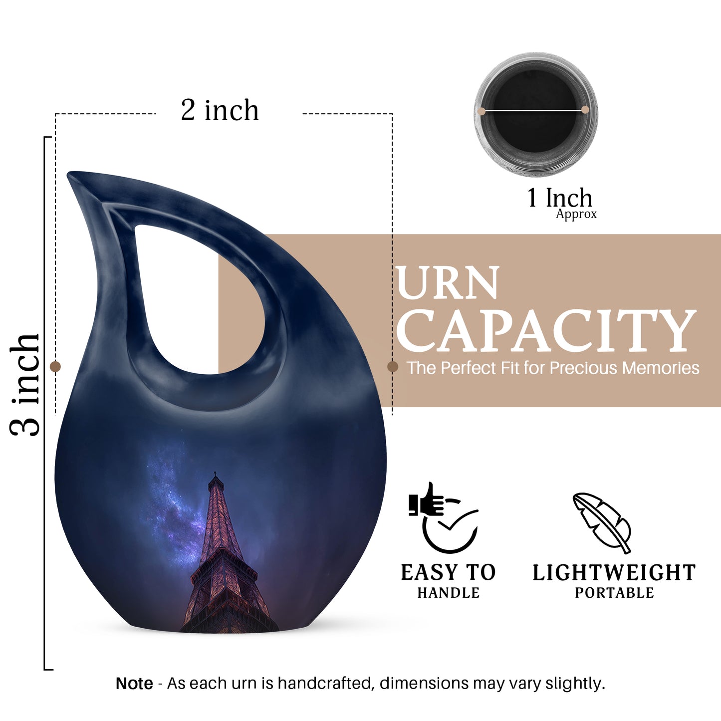 Calming Blue Eiffel Tower Cremation Urn back view with polished surface - faith-inspired cross-drop urn with eiffel tower pattern - mini keepsake memorial for portion of cremation ashes