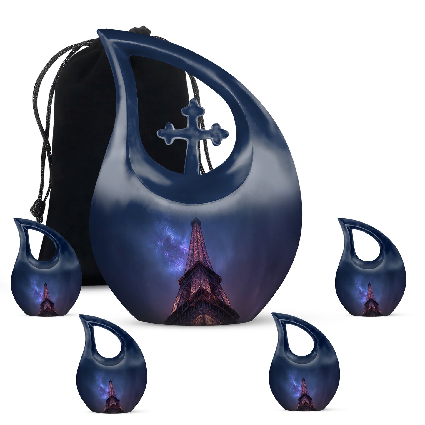 Bright Blue Eiffel Tower Cremation Urn urn with complimentary velvet bag - devotional cross-drop eiffel tower engraving - memorial set with one large and four small urns
