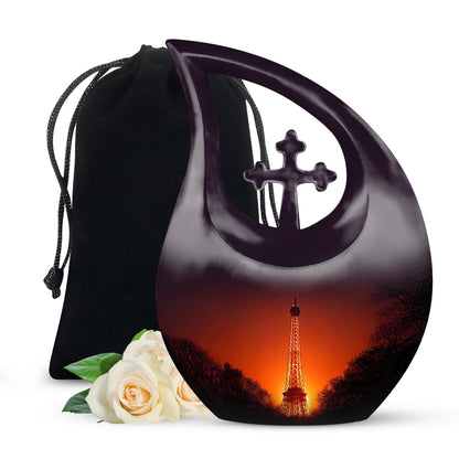 Rose Pink Eiffel Tower Cremation Urn top-down view of secure threaded lid - sacred cross merged with eiffel tower motif on metal - full-size 10 inch 200 cubic inch adult cremation urn