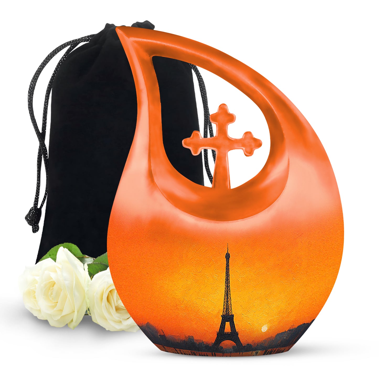 Harvest Gold Eiffel Tower Cremation Urn top-down view of secure threaded lid - faith-inspired cross-drop urn with eiffel tower pattern - full-size 10 inch 200 cubic inch adult cremation urn