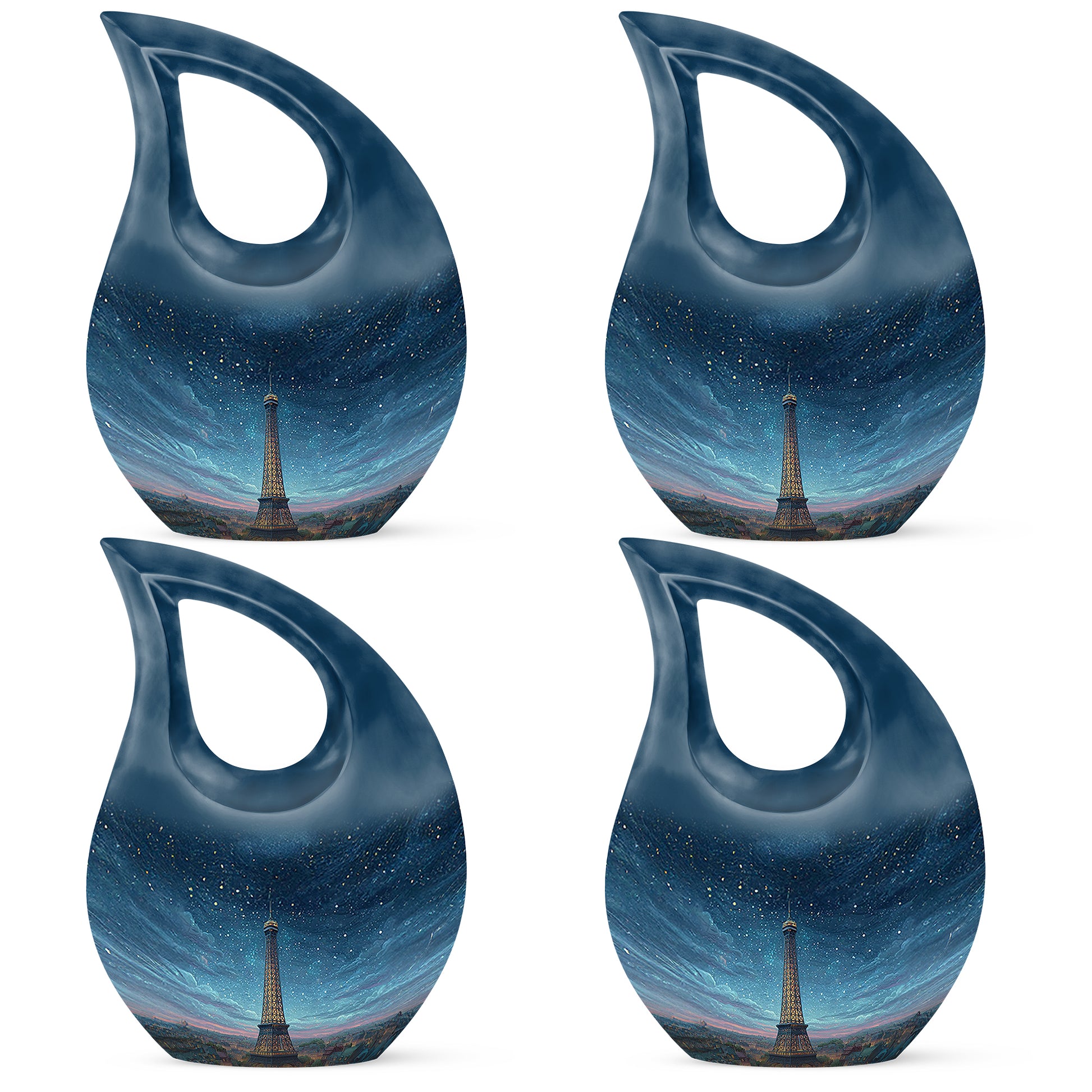 Bright Blue Eiffel Tower Cremation Urn lifestyle display on memorial shelf - faith-inspired cross-drop urn with eiffel tower pattern - 10 inch aluminum urn for cremated remains