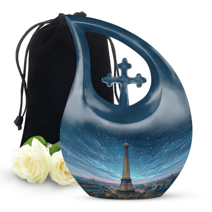 Slate Blue Eiffel Tower Cremation Urn top-down view of secure threaded lid - cross and eiffel tower combined in spiritual memorial design - full-size 10 inch 200 cubic inch adult cremation urn