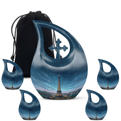 Powder Blue Eiffel Tower Cremation Urn urn with complimentary velvet bag - cross and eiffel tower combined in spiritual memorial design - memorial set with one large and four small urns