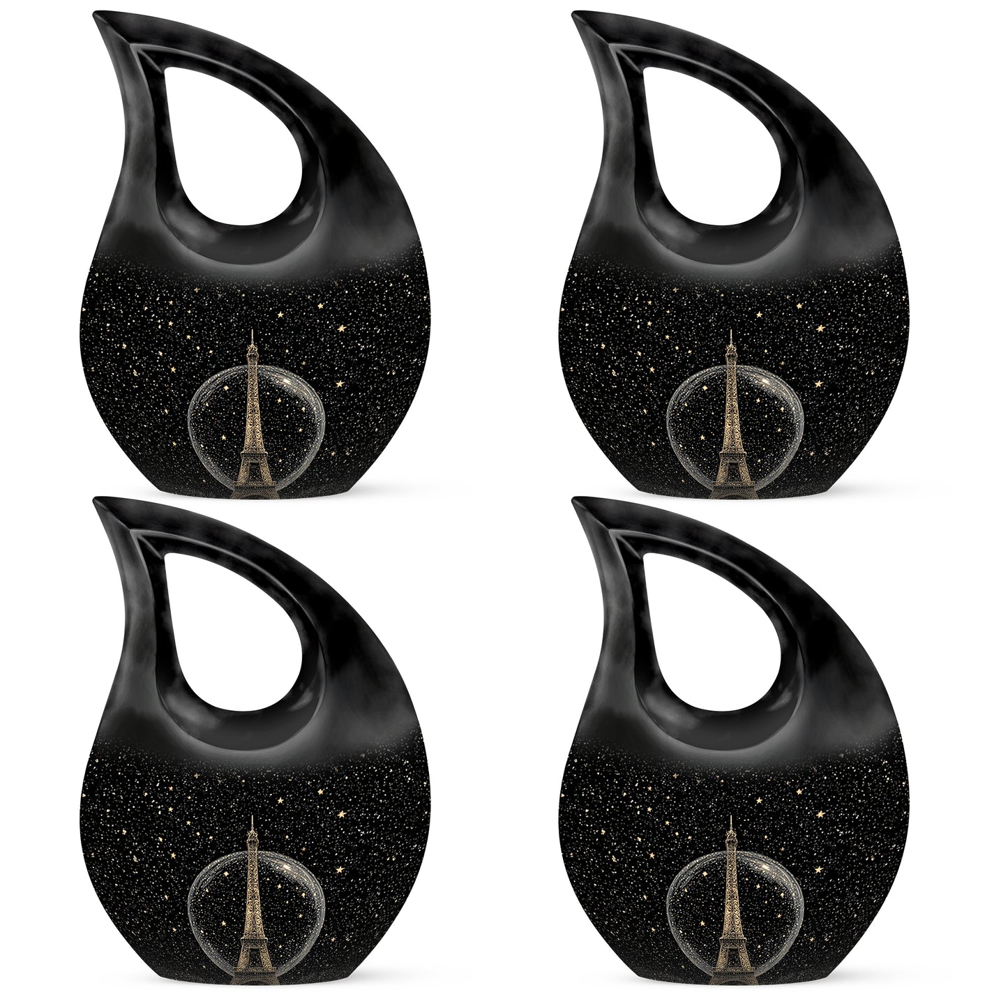 Deep Black Eiffel Tower Cremation Urn lifestyle display on memorial shelf - sacred cross merged with eiffel tower motif on metal - 10 inch aluminum urn for cremated remains