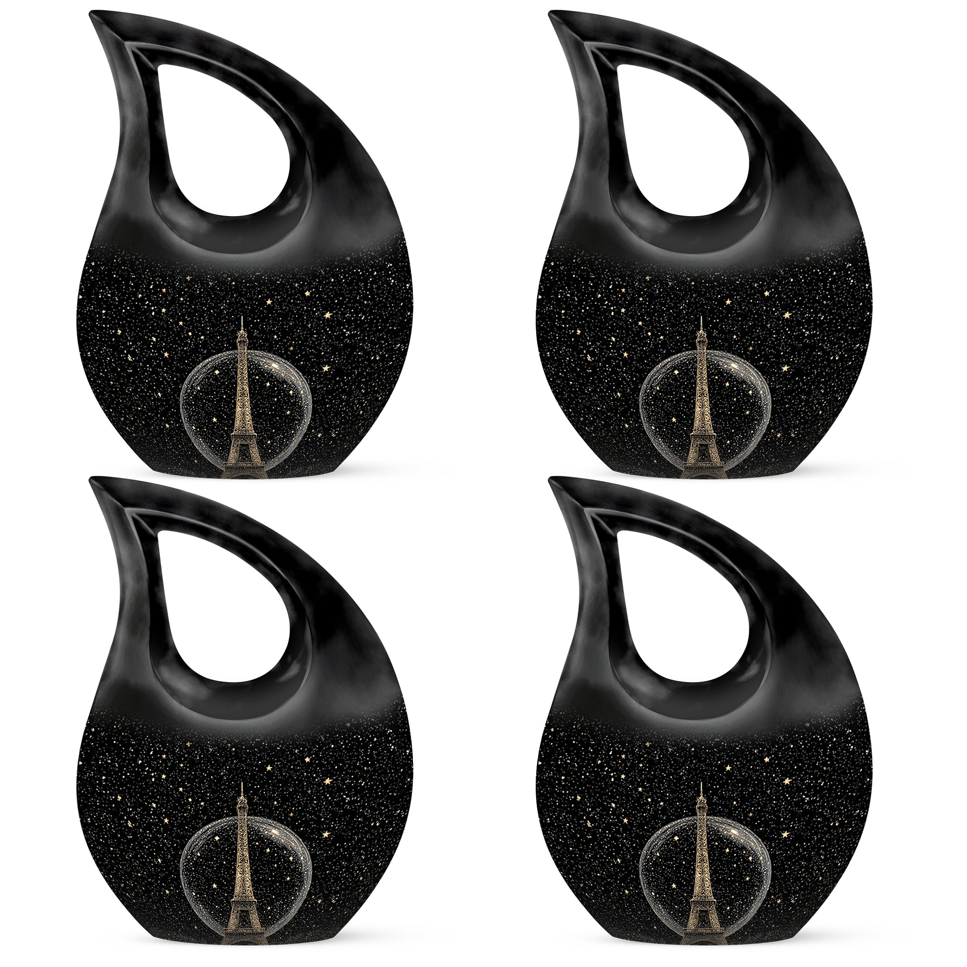 Deep Black Eiffel Tower Cremation Urn lifestyle display on memorial shelf - sacred cross merged with eiffel tower motif on metal - 10 inch aluminum urn for cremated remains