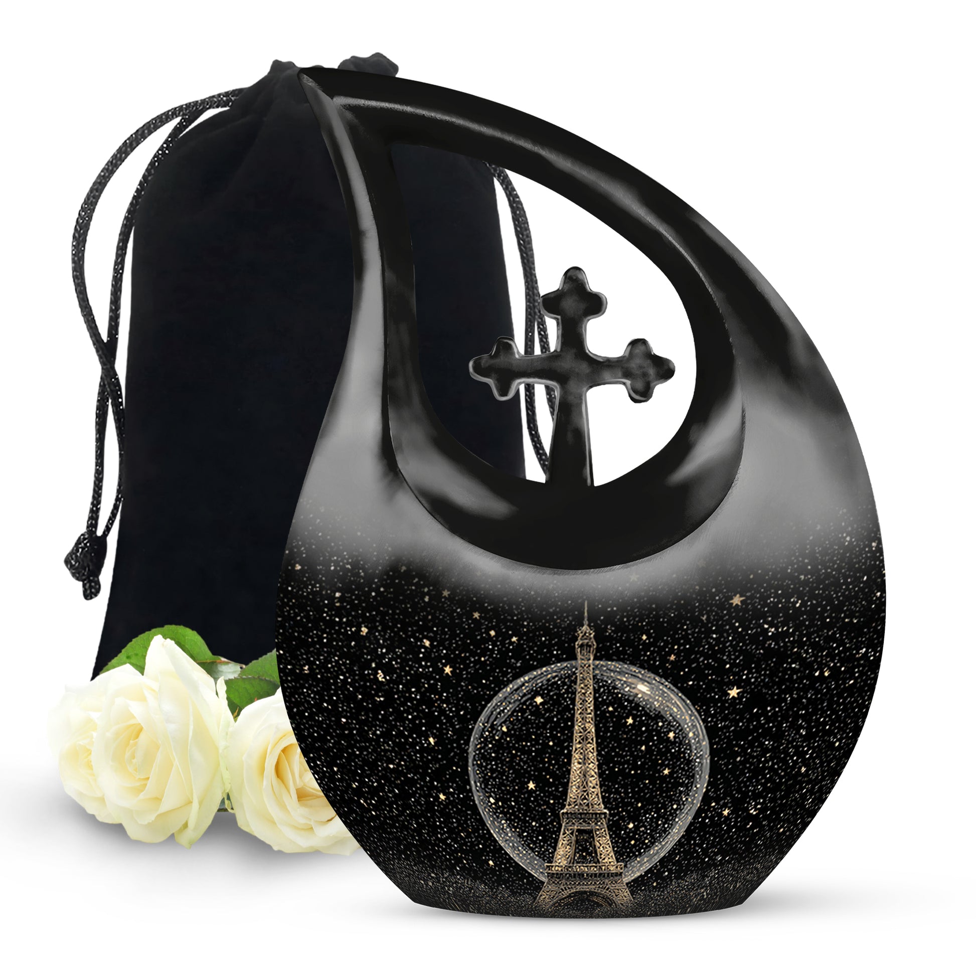 Midnight Black Eiffel Tower Cremation Urn top-down view of secure threaded lid - faith-inspired cross-drop urn with eiffel tower pattern - full-size 10 inch 200 cubic inch adult cremation urn