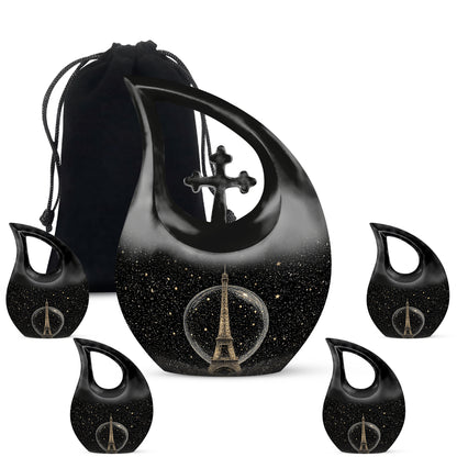 Onyx Black Eiffel Tower Cremation Urn urn with complimentary velvet bag - faith-inspired cross-drop urn with eiffel tower pattern - memorial set with one large and four small urns