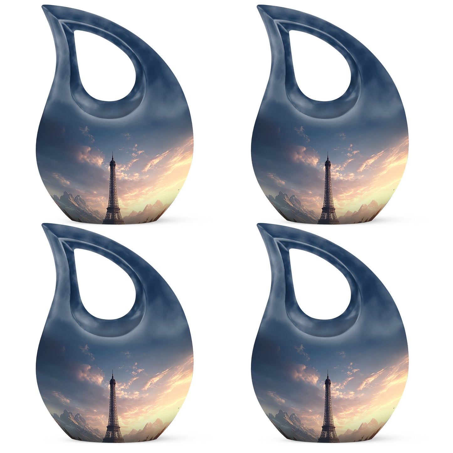 Powder Blue Eiffel Tower Cremation Urn lifestyle display on memorial shelf - cross and eiffel tower combined in spiritual memorial design - 10 inch aluminum urn for cremated remains
