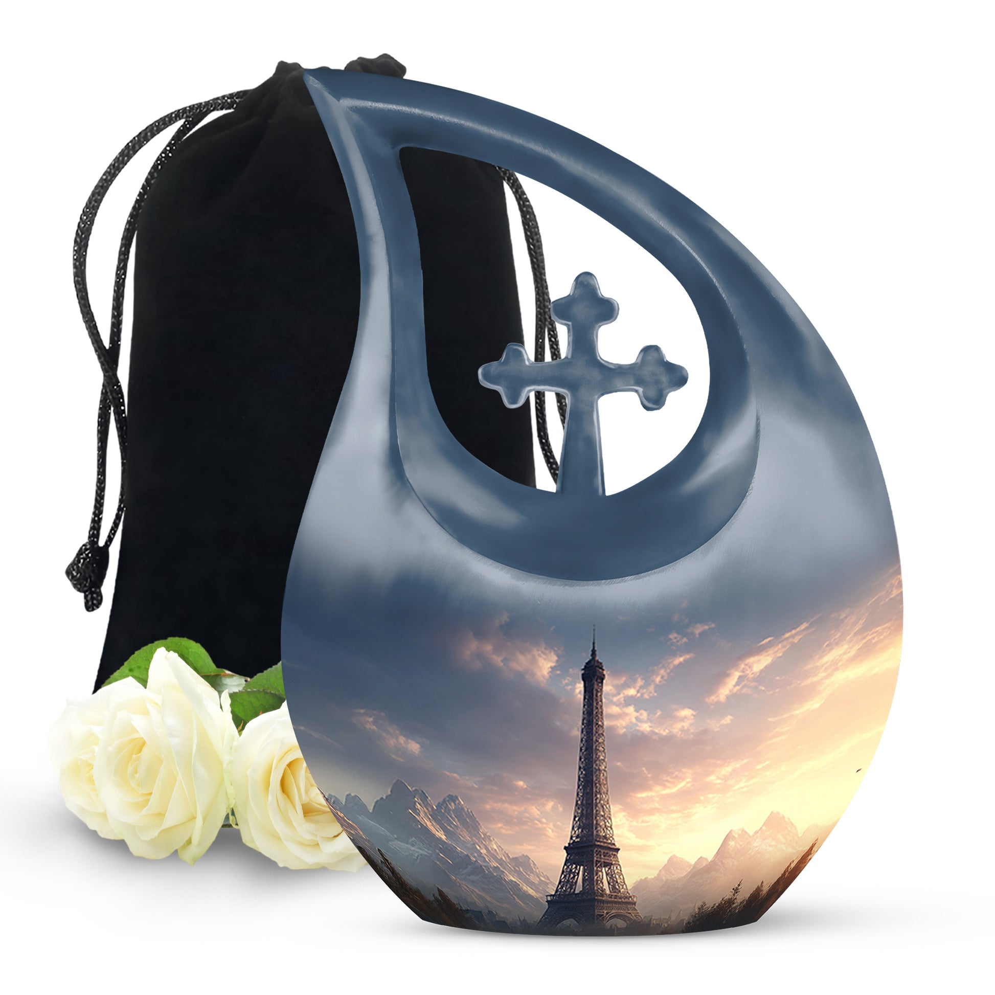 Vivid Blue Eiffel Tower Cremation Urn top-down view of secure threaded lid - faith-inspired cross-drop urn with eiffel tower pattern - full-size 10 inch 200 cubic inch adult cremation urn
