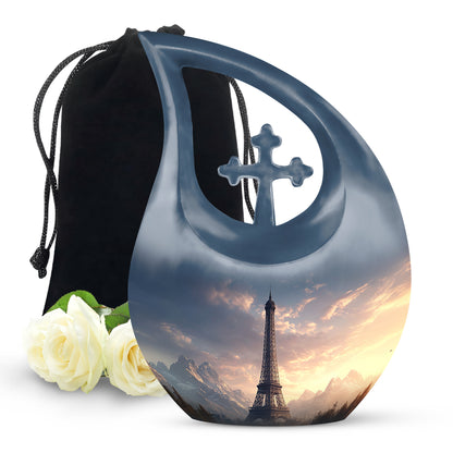 Vivid Blue Eiffel Tower Cremation Urn top-down view of secure threaded lid - faith-inspired cross-drop urn with eiffel tower pattern - full-size 10 inch 200 cubic inch adult cremation urn