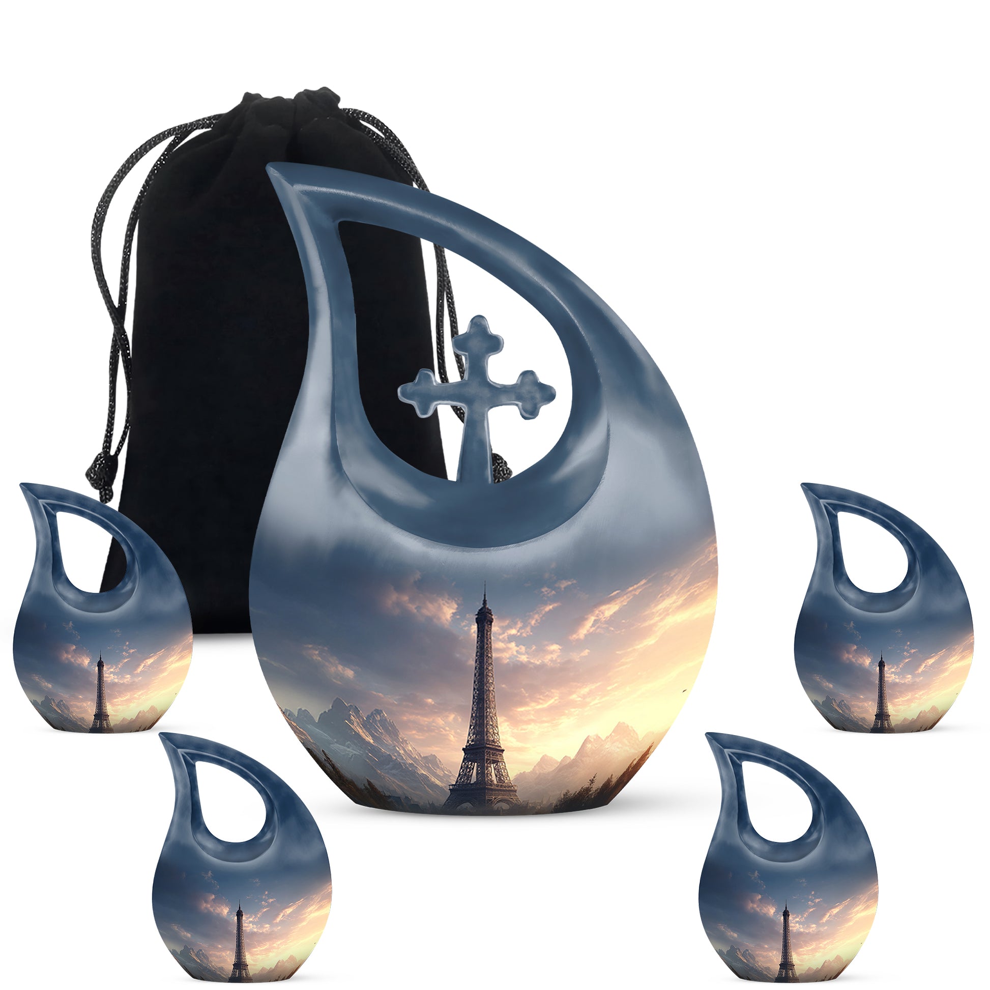Sky Blue Eiffel Tower Cremation Urn urn with complimentary velvet bag - sacred cross merged with eiffel tower motif on metal - memorial set with one large and four small urns