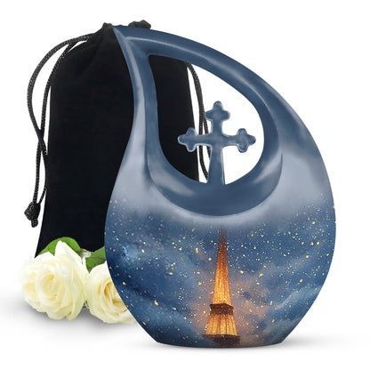 Icy Blue Eiffel Tower Cremation Urn top-down view of secure threaded lid - sacred cross merged with eiffel tower motif on metal - full-size 10 inch 200 cubic inch adult cremation urn