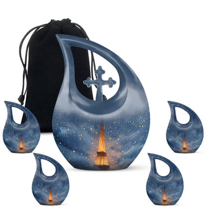 Bright Blue Eiffel Tower Cremation Urn urn with complimentary velvet bag - faith-inspired cross-drop urn with eiffel tower pattern - memorial set with one large and four small urns