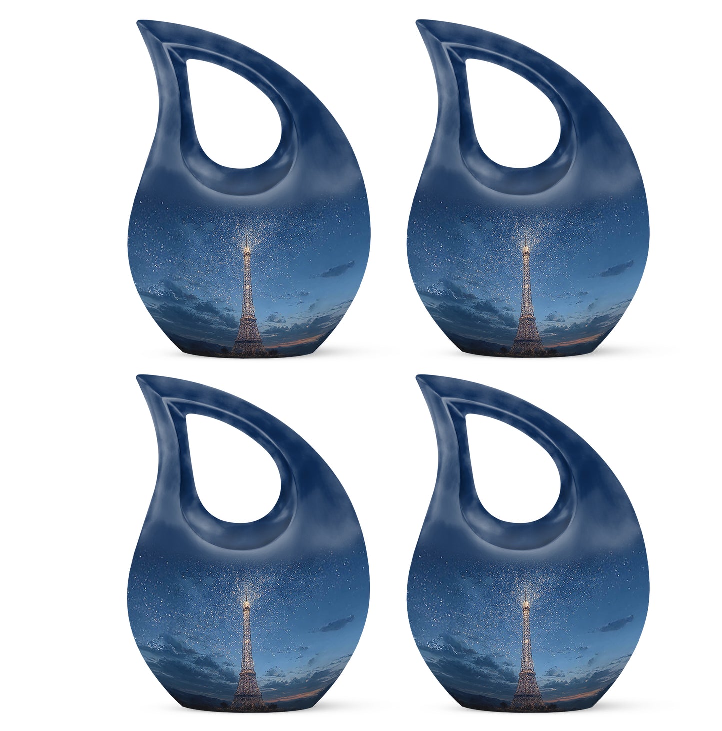 Misty Blue Eiffel Tower Cremation Urn lifestyle display on memorial shelf - sacred cross merged with eiffel tower motif on metal - 10 inch aluminum urn for cremated remains