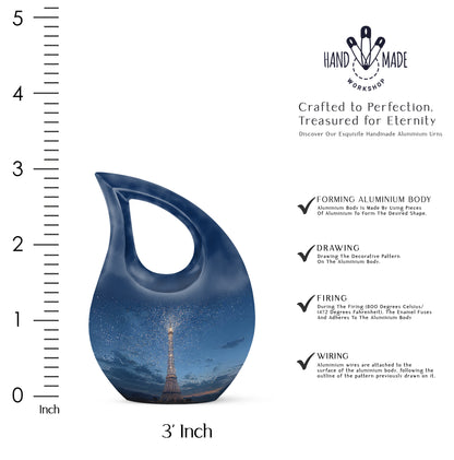 Serene Blue Eiffel Tower Cremation Urn back view with polished surface - devotional cross-drop eiffel tower engraving - mini keepsake memorial for portion of cremation ashes