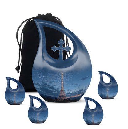 Twilight Blue Eiffel Tower Cremation Urn urn with complimentary velvet bag - devotional cross-drop eiffel tower engraving - memorial set with one large and four small urns