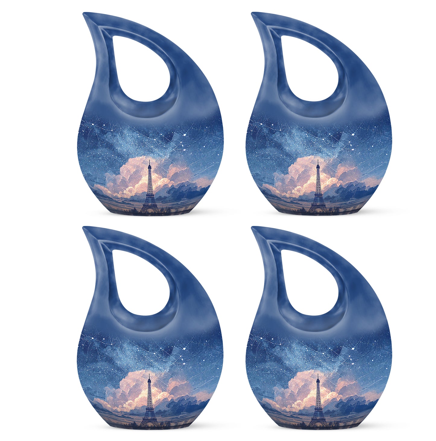 Icy Blue Eiffel Tower Cremation Urn lifestyle display on memorial shelf - sacred cross merged with eiffel tower motif on metal - 10 inch aluminum urn for cremated remains