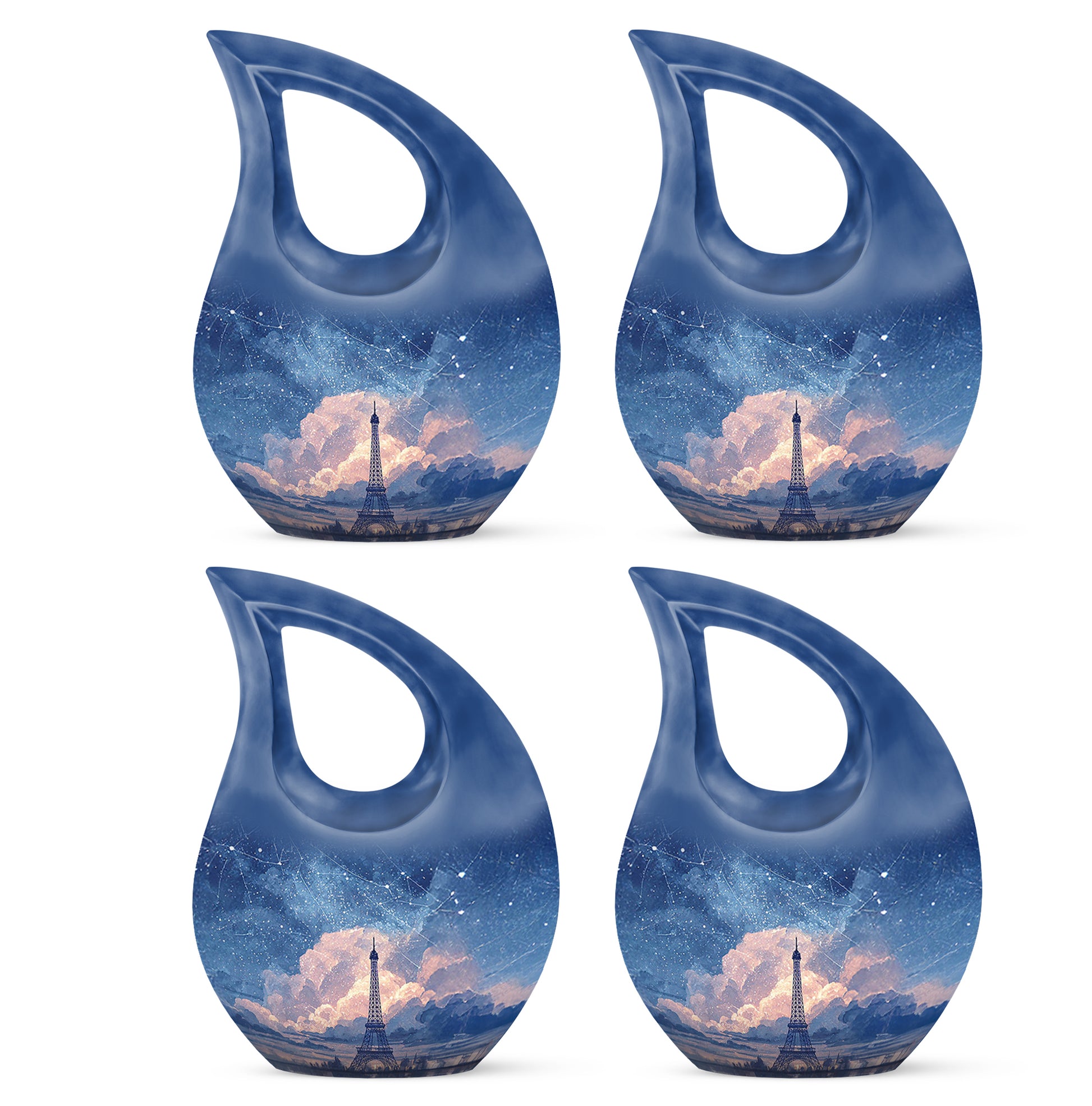 Icy Blue Eiffel Tower Cremation Urn lifestyle display on memorial shelf - sacred cross merged with eiffel tower motif on metal - 10 inch aluminum urn for cremated remains