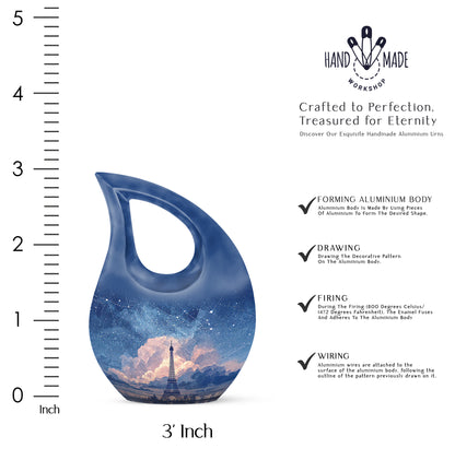 Soft Blue Eiffel Tower Cremation Urn back view with polished surface - faith-inspired cross-drop urn with eiffel tower pattern - mini keepsake memorial for portion of cremation ashes