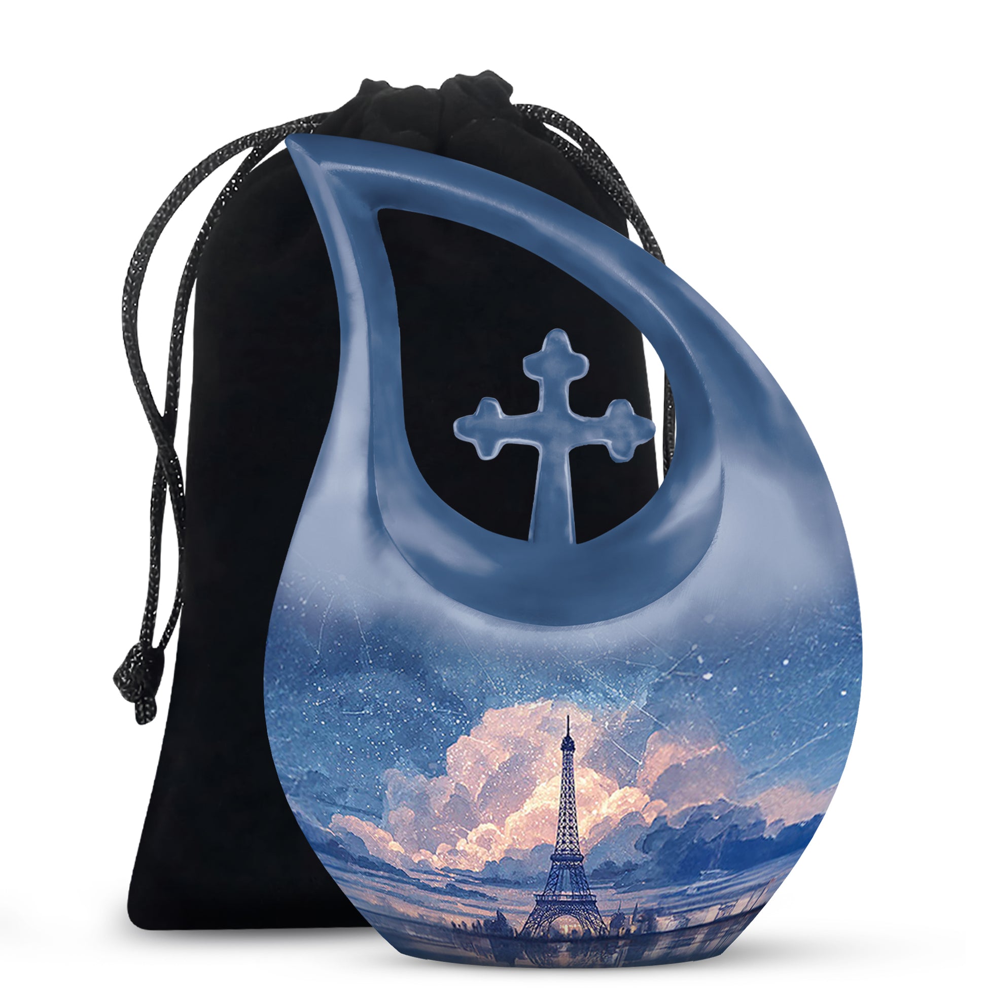 Misty Blue Eiffel Tower Cremation Urn top-down view of secure threaded lid - cross and eiffel tower combined in spiritual memorial design - full-size 10 inch 200 cubic inch adult cremation urn
