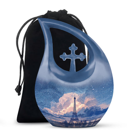 Misty Blue Eiffel Tower Cremation Urn top-down view of secure threaded lid - cross and eiffel tower combined in spiritual memorial design - full-size 10 inch 200 cubic inch adult cremation urn