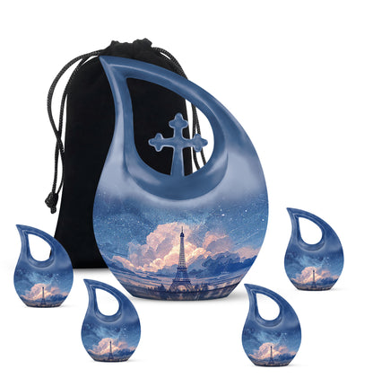 Powder Blue Eiffel Tower Cremation Urn urn with complimentary velvet bag - sacred cross merged with eiffel tower motif on metal - memorial set with one large and four small urns