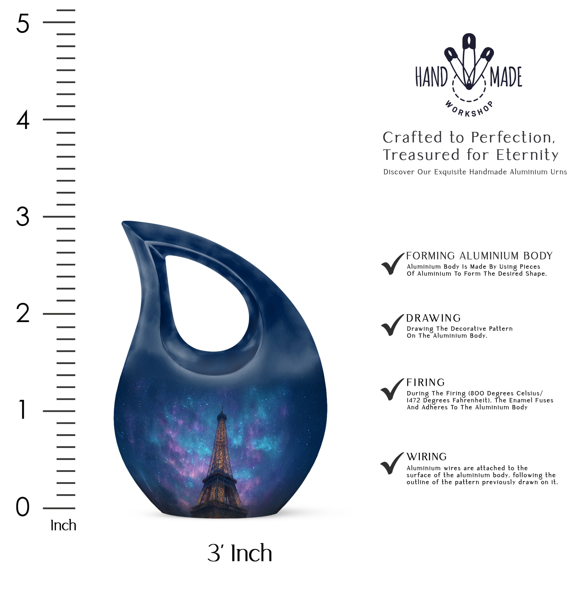Steel Blue Eiffel Tower Cremation Urn back view with polished surface - devotional cross-drop eiffel tower engraving - mini keepsake memorial for portion of cremation ashes